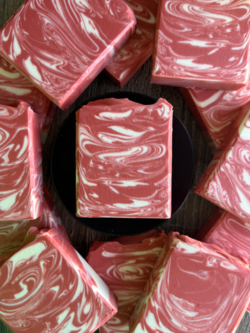 Twisted Peppermint soap (Red & White) & smells like a creamy candycane.