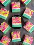 Watermelon Lemonade soap with soap ice cubes on top. 