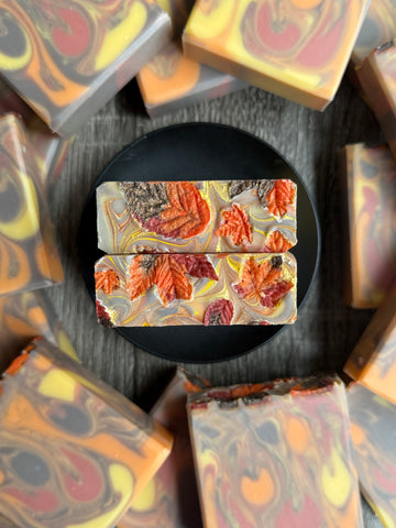 Falling leaves soap with fall colors & leaf embeds.